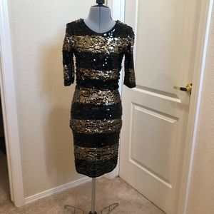 BCBG MAX AZRIA Gold Black Sequin Bodycon Dress